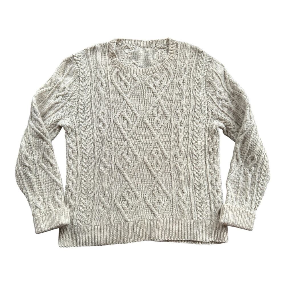 Vintage 60’s Cream Wool Hand Woven Irish Cableknit Fisherman’s Sweater Medium